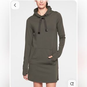Athleta Surrey Hills Sweatshirt Dress French Terry Drawstring Hood Olive Size M